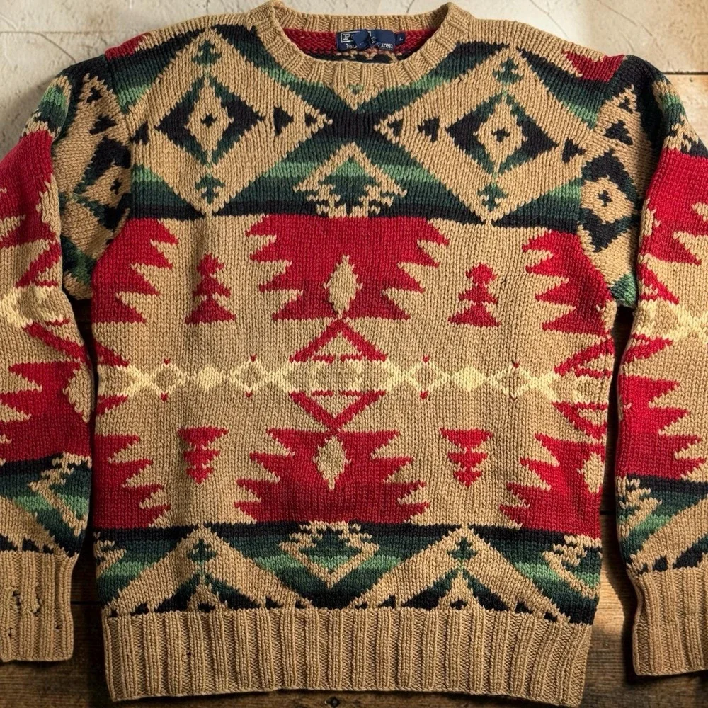 90s Polo Ralph Lauren Hand Knit Southwestern Aztec Wool Sweater Mens L Tan